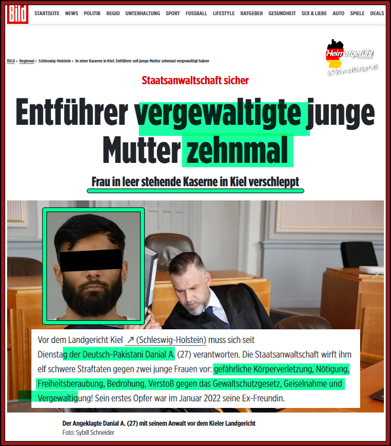 Unfassbar und grausam! 

Der Deutsch-Pakistani Danial A. vergewaltigte junge Mutter zehnmal!

„Die Staatsanwaltschaft wirft ihm elf schwere Straftaten gegen zwei junge Frauen vor:

gefährliche Körperverletzung, Nötigung, Freiheitsberaubung, Bedrohung, Verstoß gegen das