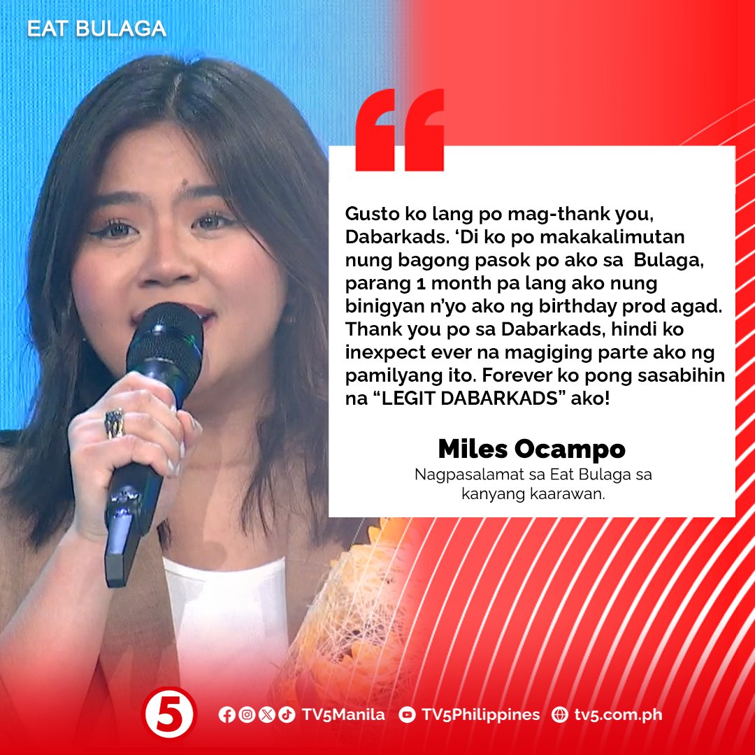 'Forever #LegitDabarkads ako!' - Miles Ocampo

#EatBulagaTV5 #TVJonTV5 
WEEKDAYS | 12NN 
SATURDAYS | 11:30AM 
#HaponChampionTV5