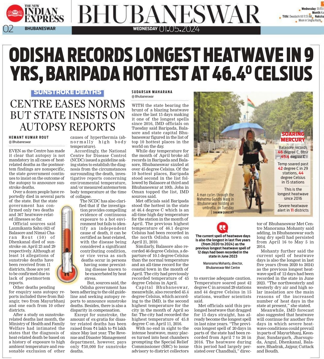 #Odisha records longest heatwave in nine years, Baripada hottest at 46.4 degrees Celsius | writes @Sud_TNIE @NewIndianXpress @santwana99 @Siba_TNIE newindianexpress.com/states/odisha/…