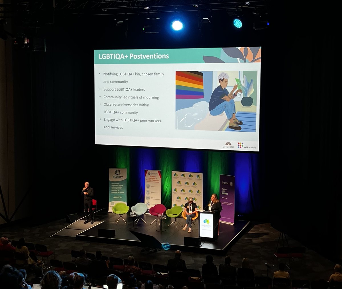 A brilliant session by @switchboard_vic outlining fundamental approaches to LGBTIQA+SB postvention bereavement. #NSPC24 switchboard.org.au