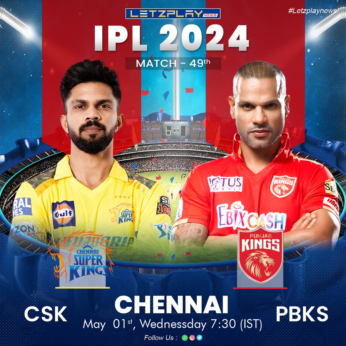 🏏🔥 Prepare for a thrilling showdown as Chennai Super Kings lock horns with Punjab Kings tonight at 7:30 PM IST on April 1st, 2024, at the iconic Chepauk Stadium in Chennai! 🌟
.
.
#CSKvsPBKS #IPL2024 #CricketFever #PredictToWin #ContestAlert #ChennaiSuperKings #PunjabKings 🎉🏟️