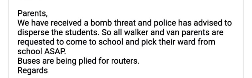 A mother called saying a bomb has been found in her children's school in Dwarka. I reassured her that it was just a call and police are on the scene. Around 60 schools in Delhi have received such calls/emails. The culprit must be held accountable under the law. #BombThreat