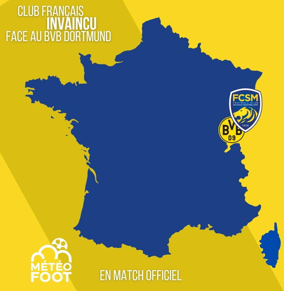 ✨ Nos CLUBS FRANÇAIS ont tous au moins joué deux matchs face à Dortmund mais il n'y a QU'EUX..! ..SI le logo de votre CLUB SURPLOMBE celui du BVB Dortmund sur cette carte c'est qu'il est le SEUL CLUB FRANÇAIS INVAINCU face au club Allemand ! Le @FCSM_officiel ! #Ligue1 #FCSM…