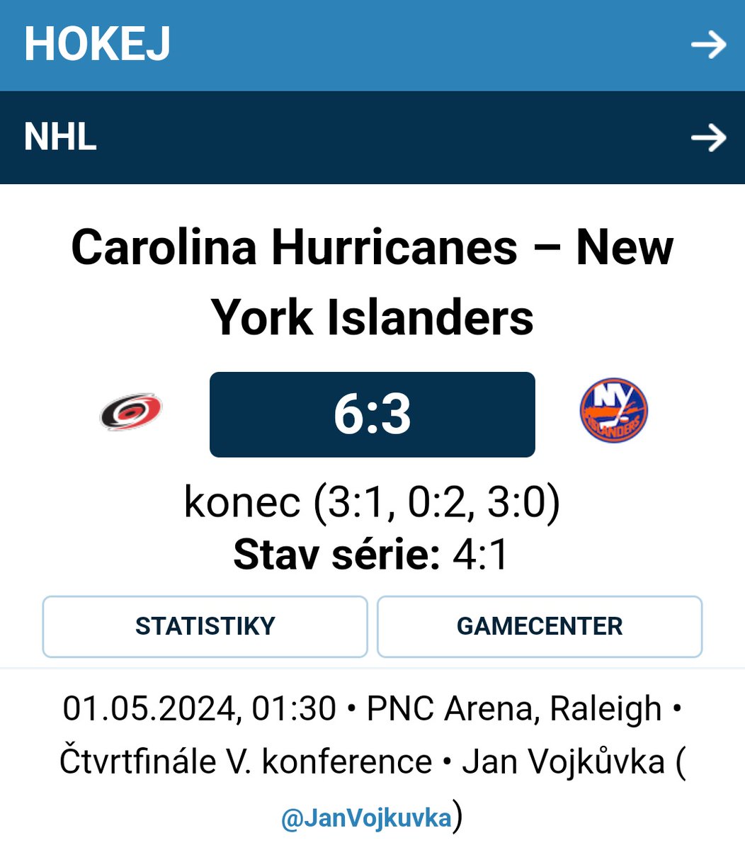 🏒 NHL | Carolina je po Floridě Panthers a New Yorku Rangers třetím týmem, který postoupil do druhého kola letošních bojů o Stanley Cup. V semifinále Východní konference vyzve vítěze základní části NY Rangers. ⤵️ 1url.cz/j1LLh