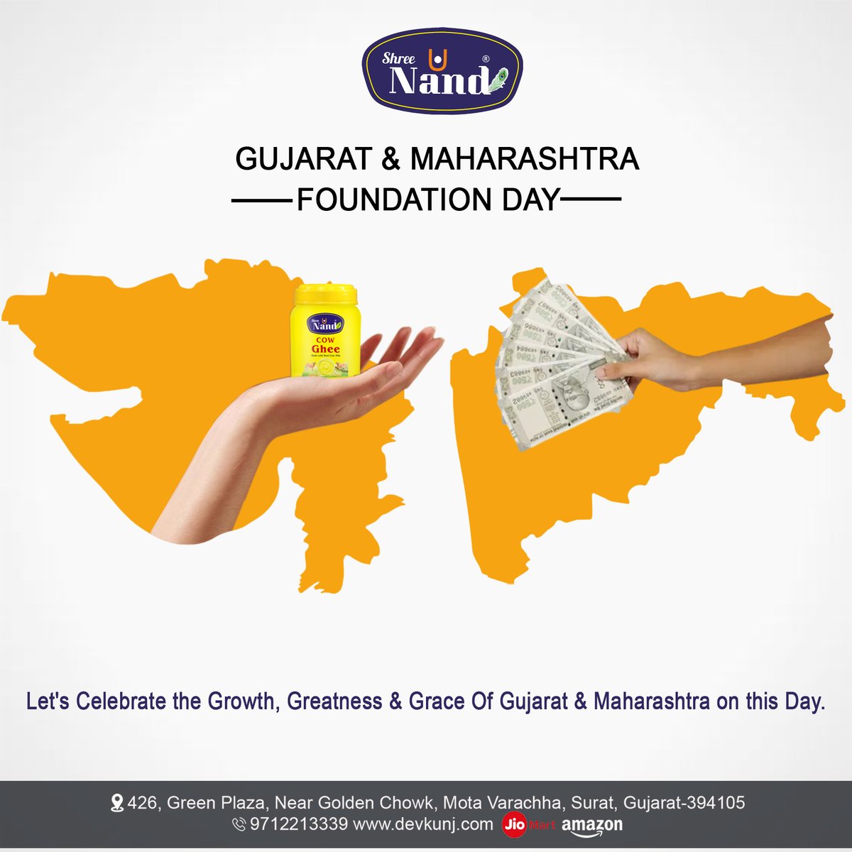 Happy Establishment Day to Gujarat and Maharashtra! 🎉 Celebrating with the richness of Shree Nand Ghee, symbolizing tradition, purity, and prosperity. 🐄✨ #GujaratDay #MaharashtraDay #ShreeNandGhee #Tradition #Purity #Prosperity