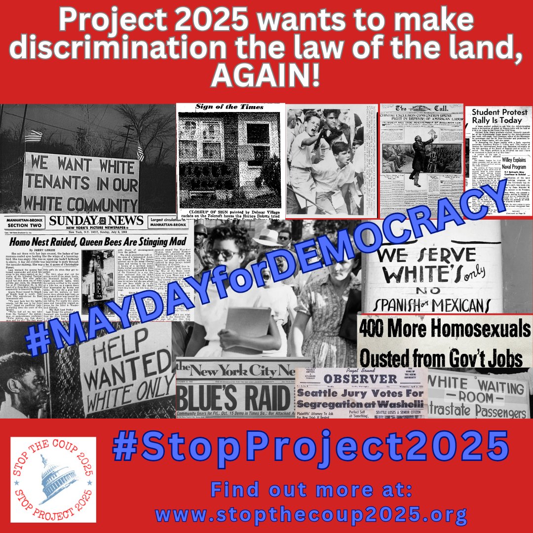 Project 2025 will enshrine bigotry as the law and ethos of the land.
Our February report on the #whitesupremacist and #AntiLGBTQIA core of The @Heritage Fdn's #Project2025 attacks on DEI, CRT, and 'wokeness' is here:
stopthecoup2025.org/dei-crt
#MAYDAYforDEMOCRACY: #StopProject2025!