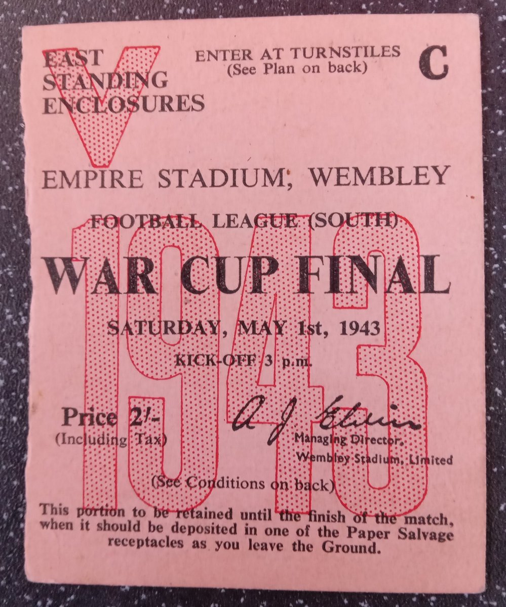 Recent donation. OTD 81 years ago Rare ticket for the 1943 War Cup final, made more so by the instruction to 'salvage' it after the game for the war effort Recycling is nothing new This completes our set of #CAFC Wembley tickets More Addicks tickets, new or old, wanted