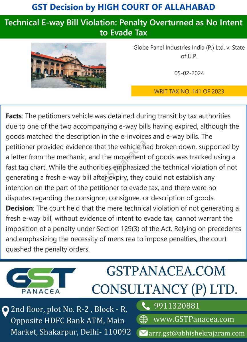 Title: Globe Panel Industries India (P) Ltd V. State Of UP  
Court: Allahabad High court 
Date:- 05 Feb. 2023
Citation no : WRIT Tax No. 141 OF 2023

#CGST #Allahabadhighcourt #caselaw