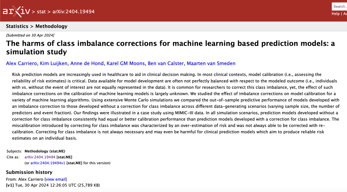 NEW PREPRINT The harm of the use of imbalance correction methods on calibration, extending our earlier work on regression models to more complex techniques arxiv.org/abs/2404.19494