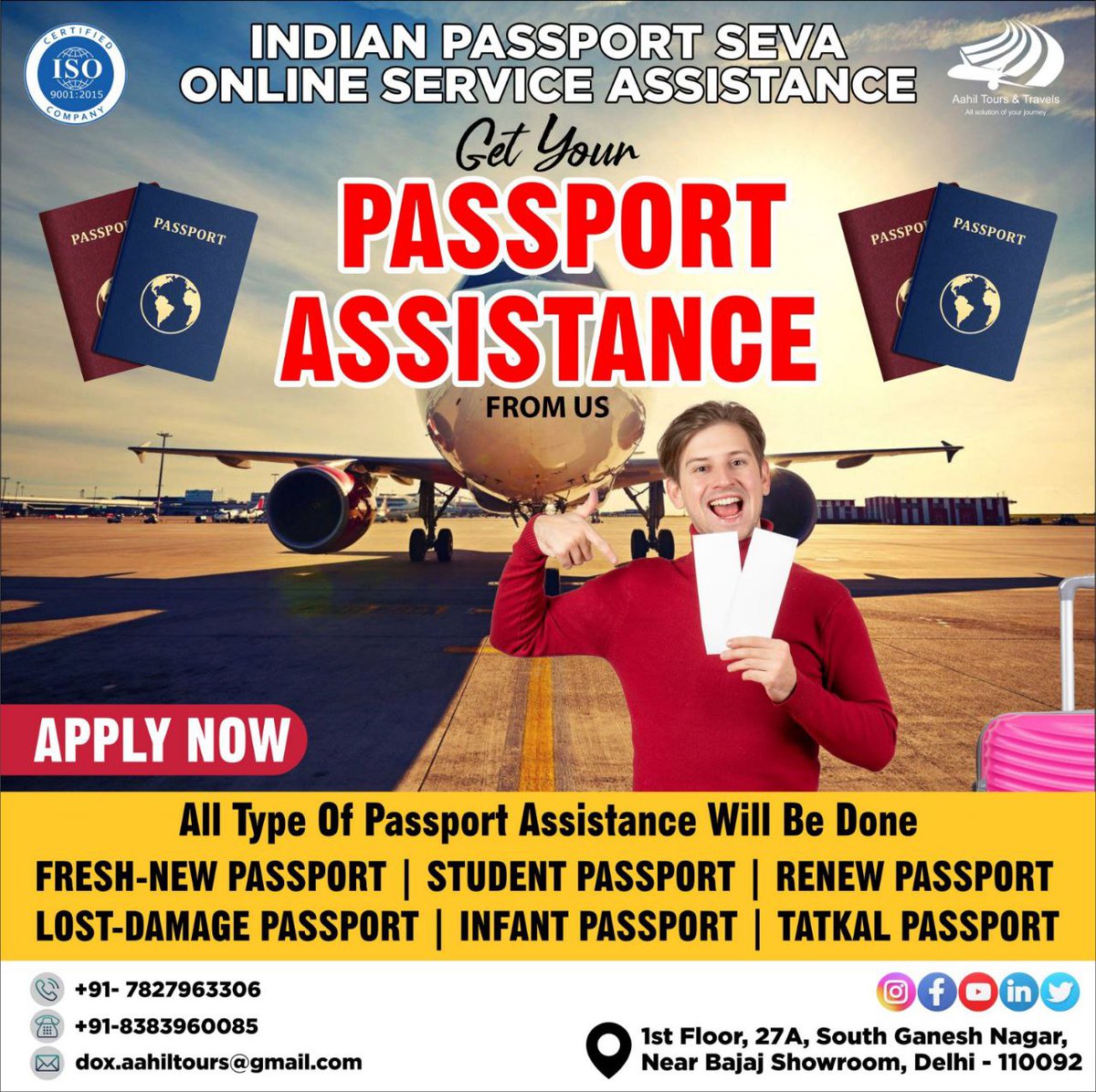 Get best rate and fast service in a single call. Details are mentioned in flyer. For more information click on the link wa.me/918383960085
#aahiltour 
#assistanceservices 
#newpassport 
#minorpassport 
#tatkalpassport 
#passportrenewal 
#contactusformoreinfo