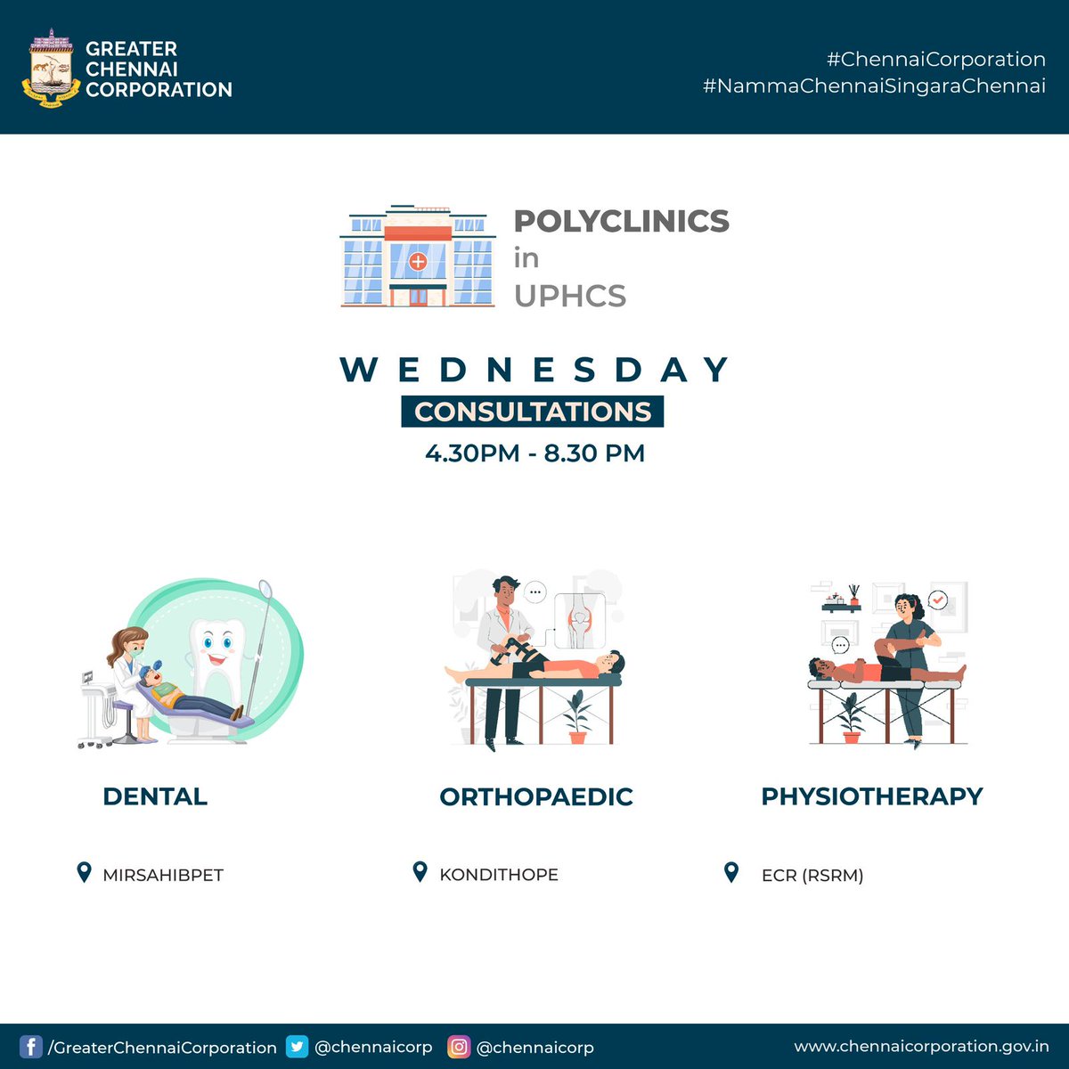 Hello #Chennaiites,
Between 4:30 PM and 8:30 PM, the following GCC polyclinics provide a range of specialized consultations.

@RAKRI1

#ChennaiCorporation
#HereToServe