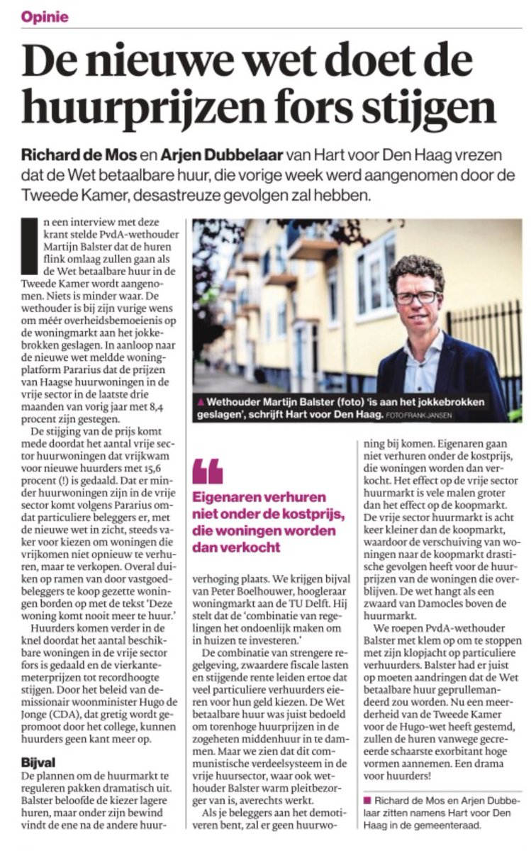 Wethouder Balster (#PvdA) is aan het jokkebrokken geslagen inzake de nieuwe #huurwet. Niks geen huurverlagingen. De Hugo-wet heeft desastreuze gevolgen en doet de huren juist fors stijgen. Lees in @ADDenHaag de opinie die ik samen met @ArjenDubbelaar schreef.