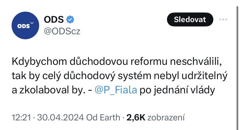 Realita :

Důchodový účet za vlády ANO byl v roce 2018, 2019  v přebytku ❗️
V roce 2021 předali důchodový účet po covidu vládě Fialy se schodkem 2 mld. 
Za dva roky vláda Fialy nasekala dluh na důchodovém účtu 74 mld. ❗️
Jak je možné ? 
Neumí hospodařit!!! 
Lháři ! 
Zrádci ❗️