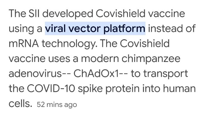 Starboy2079's tweet photo. Covishield is based on viral vector technology 
While Covaxin is based on dead cell technology 
Pfizer and Moderna are based on mRNA technology 

Chance of side effect in covishield is only
1 in 1000000

That means 1000 people in 100 crore

Indian vaccines are completely safe

The real dangerous vaccines are mRNA Pfizer and Moderna for which Indi alliance leaders were lobbying