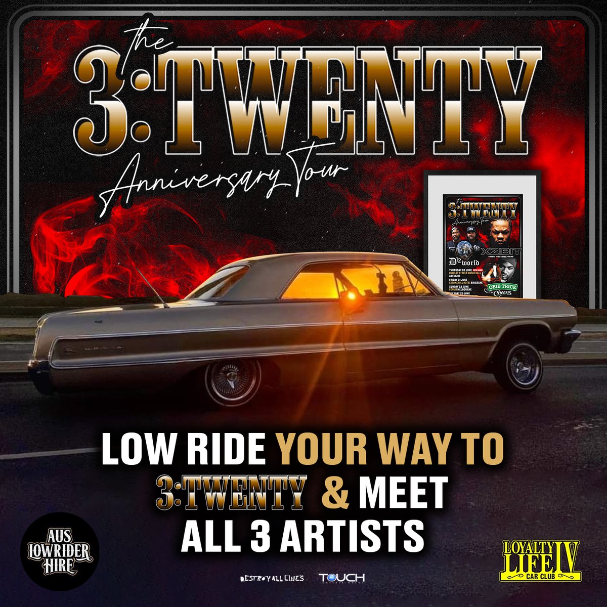 Grab tix to the 3: Twenty Australian Tour featuring @xzibit, @D12 & @realobietrice, & you could roll to the show in a Low Rider. Head to the link + tell us which song from the tour would set the vibe in the Low Rider. ➟ daltours.cc/3TwentyLowRider