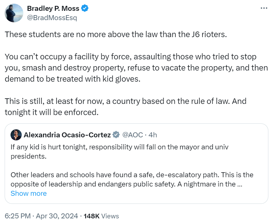 This is quite the take from @BradMossEsq given that 1000s of 1/6 rioters DID occupy a facility by force, assault police, smash & destroy property, refuse to vacate, & -- totally get away w/ it. By that metric, the rule of law ALREADY ended >39 months ago. x.com/ryanjreilly/st…