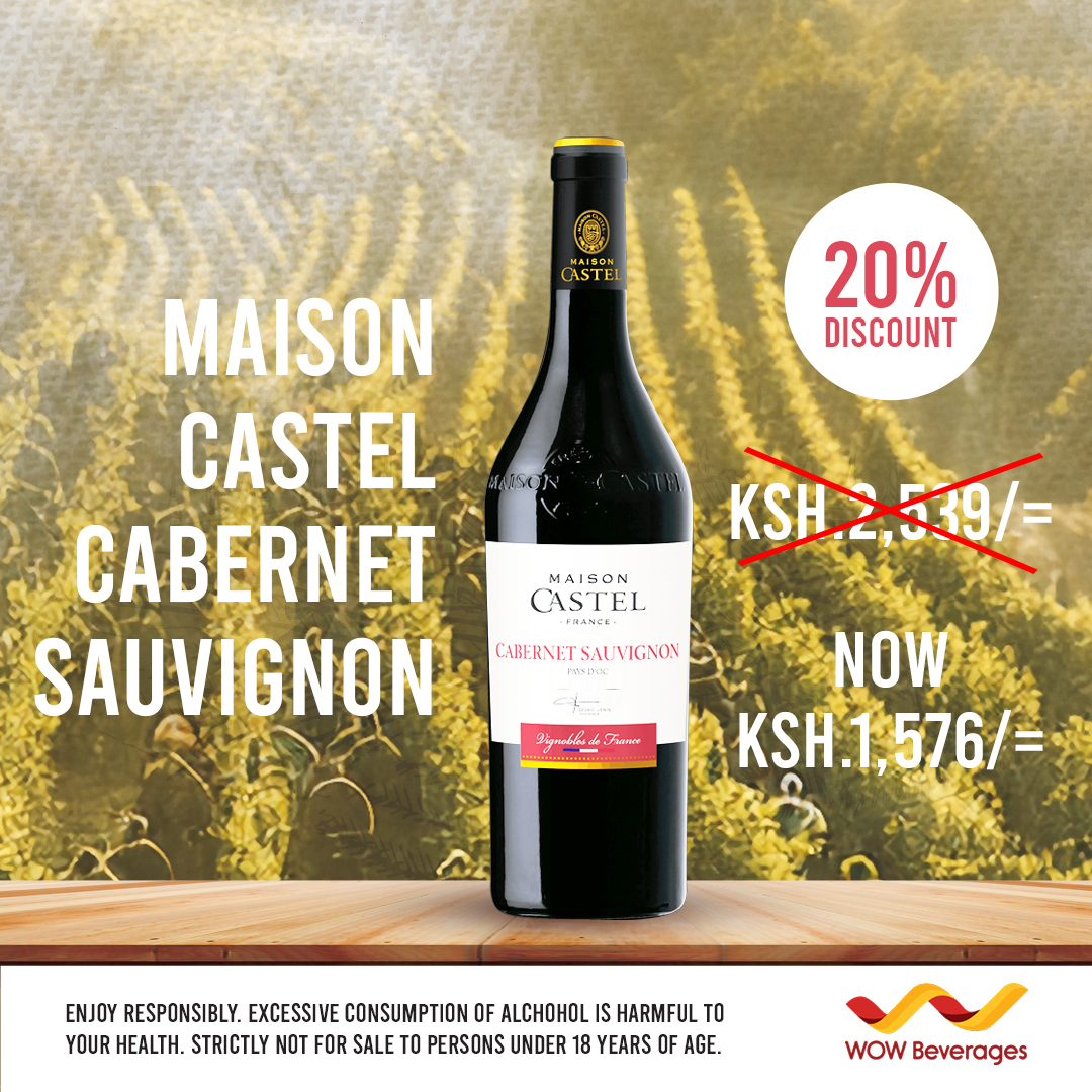 Get 20% off the robust Maison Castel Cabernet Sauvignon. It's a delicious way to warm up a rainy day. Offer valid till 31st May. Only available on the website>>wowbeverages.co.ke.

 T&C apply. Not for sale to persons under 18 years. 

#Drinkresponsibly #WowBeverages