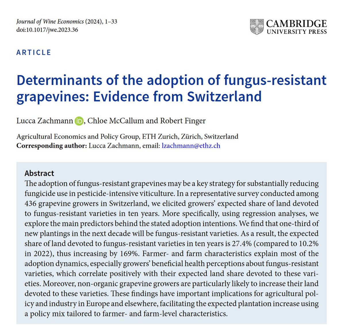 'Determinants of the adoption of fungus-resistant grapevines: Evidence from Switzerland' New @aecp_eth paper led by @lucca_zachmann with @ChloeMcCallum_ , Journal of Wine Economics @wineecon doi.org/10.1017/jwe.20…