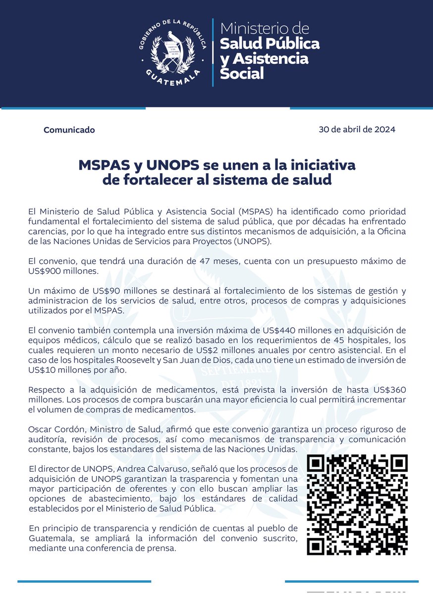 #Comunicado | En el MSPAS buscamos los mecanismos que permitan abastecer el sistema de salud de medicamentos, insumos y equipo médico, con procesos transparentes.