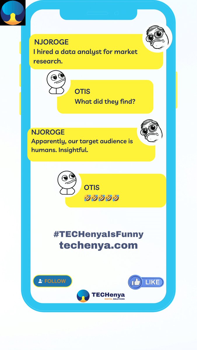When market research unveils the profound discovery that humans are the target audience. 😂

Get professional market research from TECHenya:techenya.com/contact-us

#digitalmarketing #TECHenyaIsFunny
#DataAnalyst #MarketResearch  #Insightful #Kenya #funny