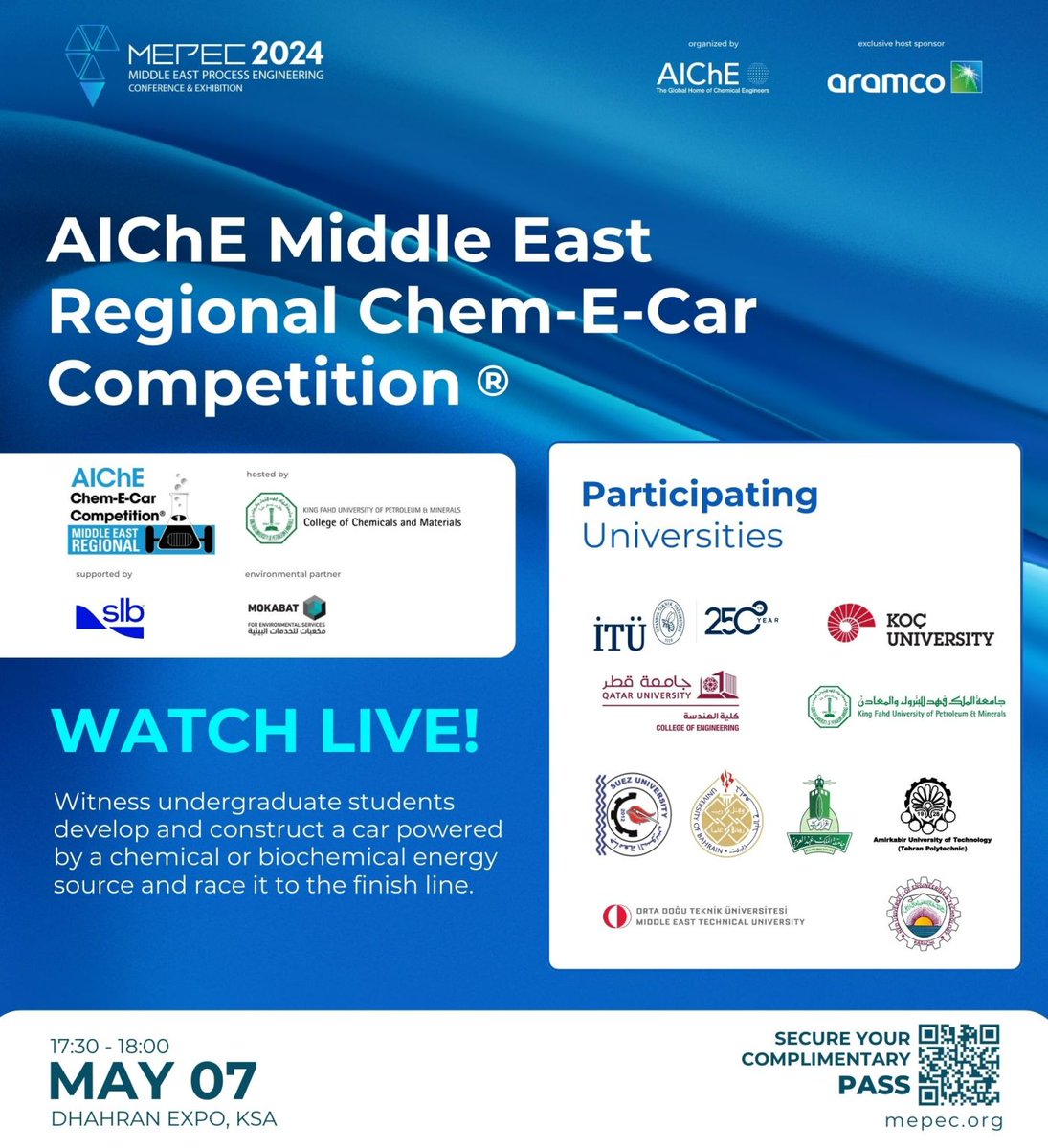 MEPEConfEx's tweet photo. Watch students race their chemically fueled cars to the finish line at MEPEC 2024.

Network with competing teams and watch the race live on May 7, 2024. 

Grab your complimentary pass today: https://t.co/h8X3vxObwG

@ChEnected 
@KFUPM https://t.co/1nfqXPbJvT
