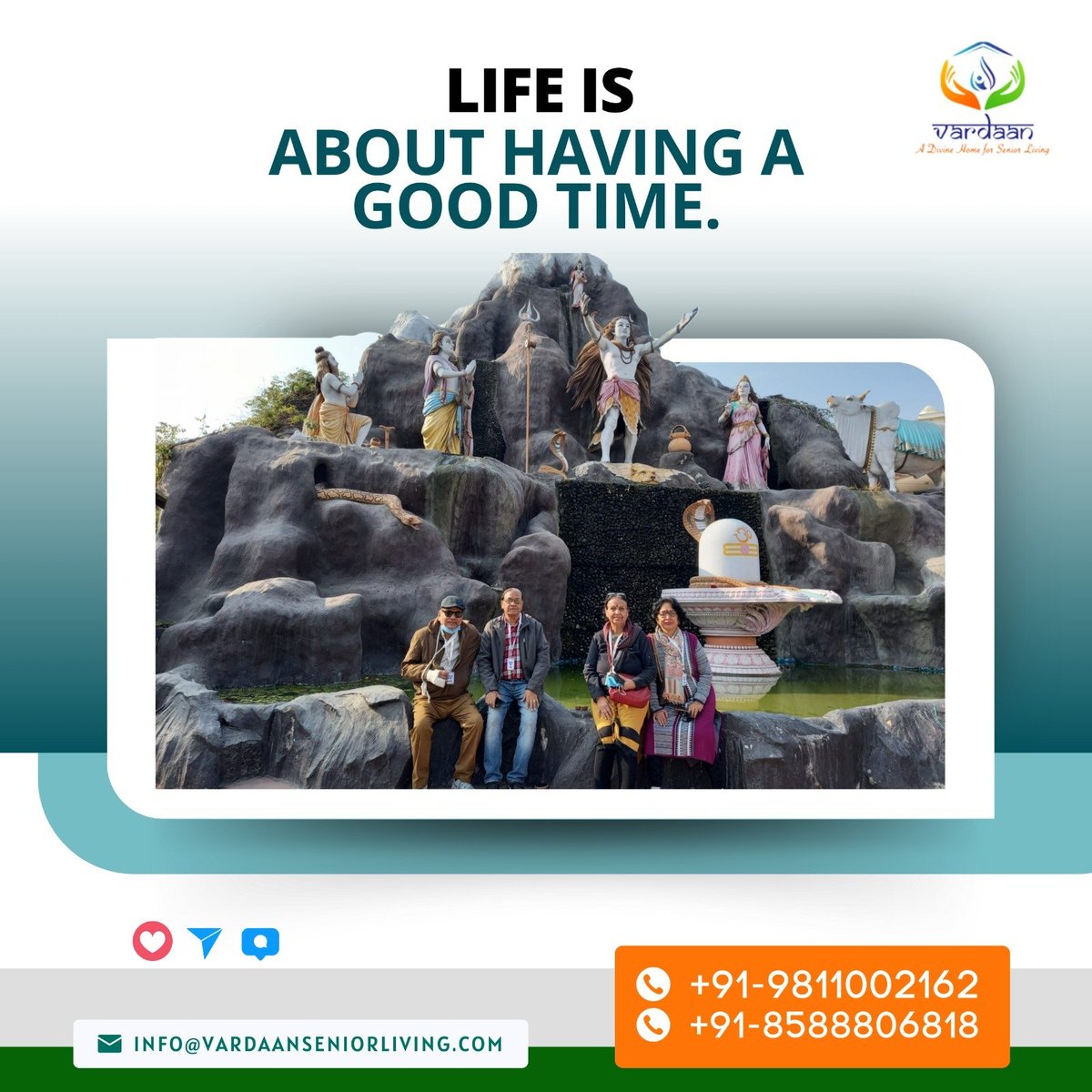 Life is about having a good time
For more details
Visit our website- vardaanseniorliving.com
Call @ 9811002162, 8588806818
or mail us at info@vardaanseniorliving.com

#Vardaanseniorliving #elderlycare #SeniorLivingIndia #seniorlivingcommunity #artctiveSeniorLiving #LifeIsShort
