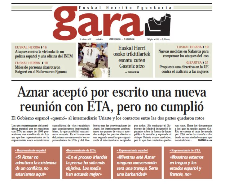 Acta de la reunión de miembros de ETA y tres representantes de Aznar naiz.eus/es/2024/202405… Era la primera reunión cara a cara entre ambas partes desde Argel. Hoy se cumplen veinticuatro años de su publicación en GARA [UN 1 DE MAYO...] Etorkizuneko #Artefaktua 1977-2024