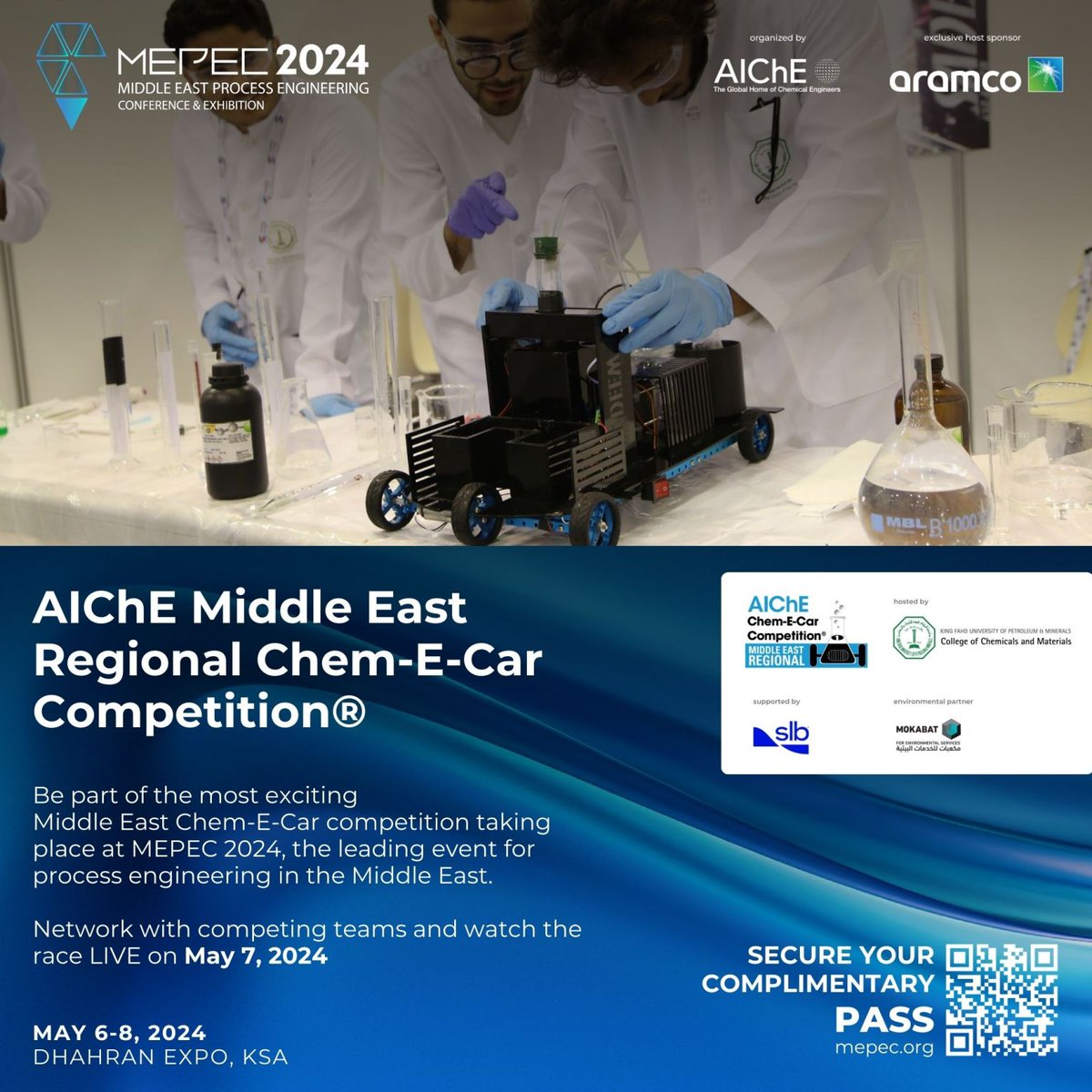 Join us and be part of the most exciting AIChE Middle East Regional Chem-E-Car competition.

Grab your complimentary pass today and get access to the conference and exhibition: lnkd.in/dKK_ybae

#mepec2024 #processengineering #ksa #digitalization 
@ChEnected 
@KFUPM