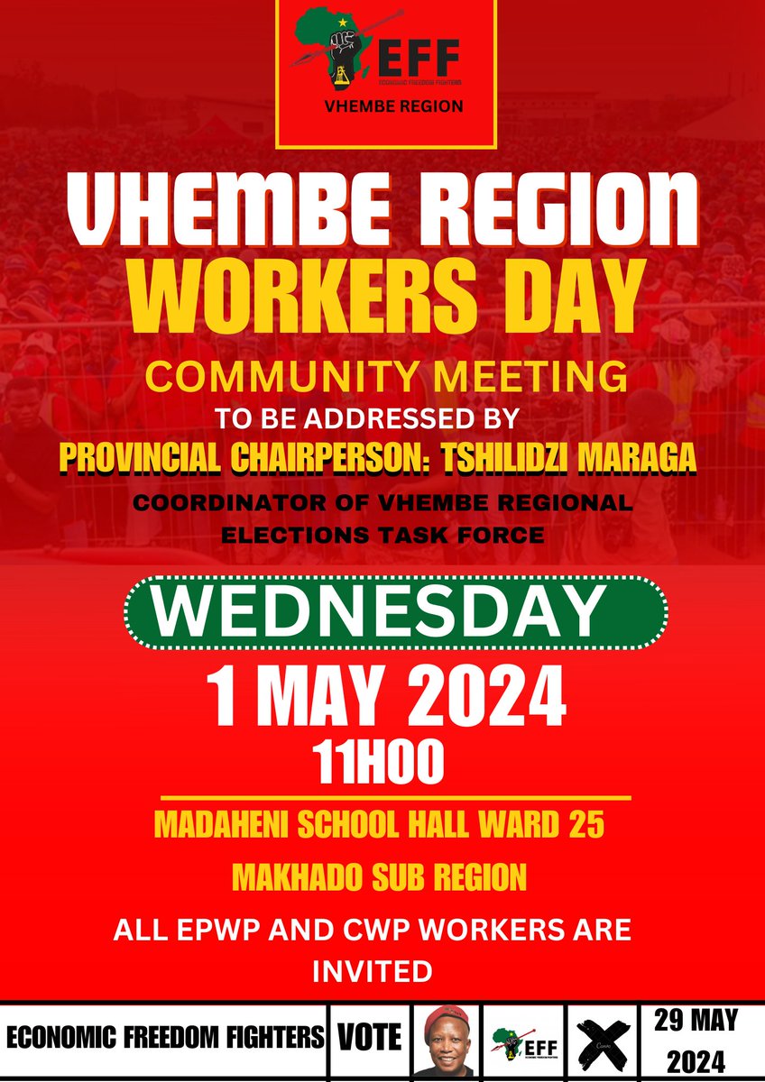 ♦️ Happening Today ♦️

The Provincial Chairperson Cmsr Tshilidzi Maraga will address a worker's day community meeting in vhembe region, Makhado sub region,ward 25 .

All EPWP AND CWP  WORKERS ARE INVITED.

#VukaVelaVotaEFF