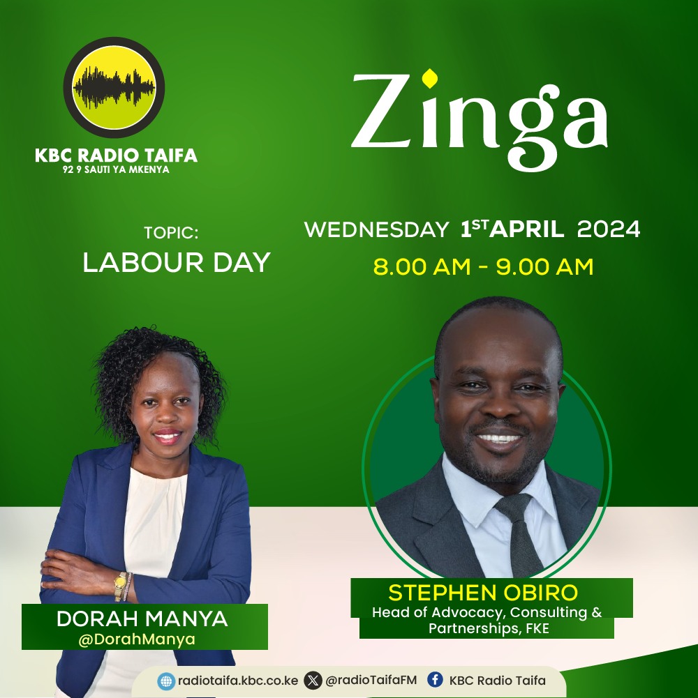 Gumzo Pevu
Tunaangazia maslahi ya wafanyikazi
Una swali kwa mgeni wetu kutoka shirika wa waajiri wa Kenya (Federation of Kenya Employers)
@FKEKenya 
@RadioTaifaFM 
@DorahManya 
#Zinga