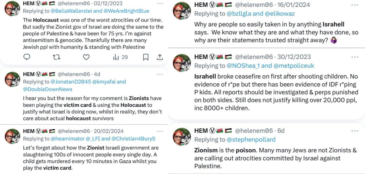 Helen Enser Morgan (@helenem06) from Swansea is multi-talented: Actor, singer, radio presenter, media trainer, PR consultant and therapist. She's also a rancid antisemite who says Zionists, ie, 14m Jews, play the 'victim card' and use the Holocaust in bad faith. HT/@Steve_Cooke