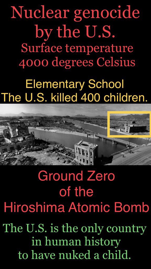 @UNIC_Tokyo @UNICEF 広島原爆投下では 「小学校の至近距離上空で核爆発」が引き起こされ 400人以上の10歳以下の児童が4000度で焼かれ殺されています。 #原爆投下はジェノサイド #南京事件と慰安婦強制連行と731部隊デマは原爆投下と東京大空襲を相殺する為の捏造