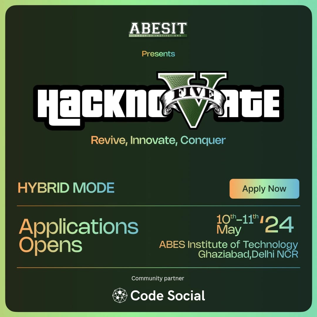 codesocial_tech's tweet photo. ๐ Exciting news! Hacknovate 5.0 is coming to ABES Institute Of Technology Ghaziabad on May 10-11th!
๐ Join us for two days of coding challenges, workshops, and networking. Registration is open, secure your spot
today:-https://t.co/Bb7KYK26NX
#Hacknovate5 #abesit https://t.co/fhzuNA17eu