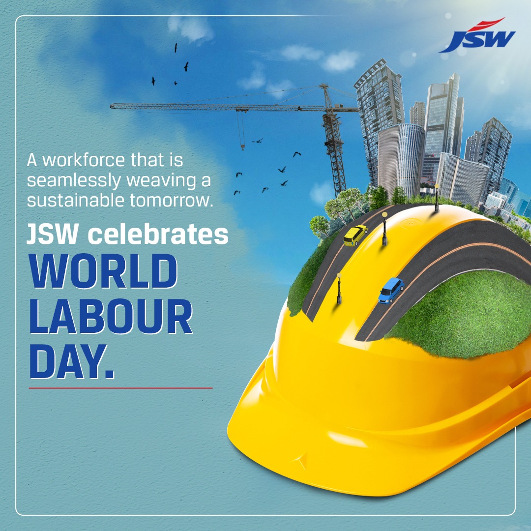 JSW Group honours those who seamlessly craft a green future for the world. Pioneering innovation and goals for a greener future panning across diverse industries. JSW Group honours the workforce that is painting the portrait of progress! #WorldLabourDay #JSWGroup