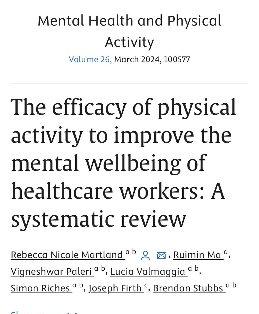 Dr Brendon Stubbs (@brendonstubbs23) on Twitter photo Kudos <a href="/MartlandRebecca/">Rebecca Martland</a> who finds that physical activity interventions are feasible & can help improve wellbeing of healthcare staff
sciencedirect.com/science/articl… @Lucia_Valmaggia @PhysMentManc Kudos <a href="/MartlandRebecca/">Rebecca Martland</a> who finds that physical activity interventions are feasible & can help improve wellbeing of healthcare staff
sciencedirect.com/science/articl… @Lucia_Valmaggia @PhysMentManc