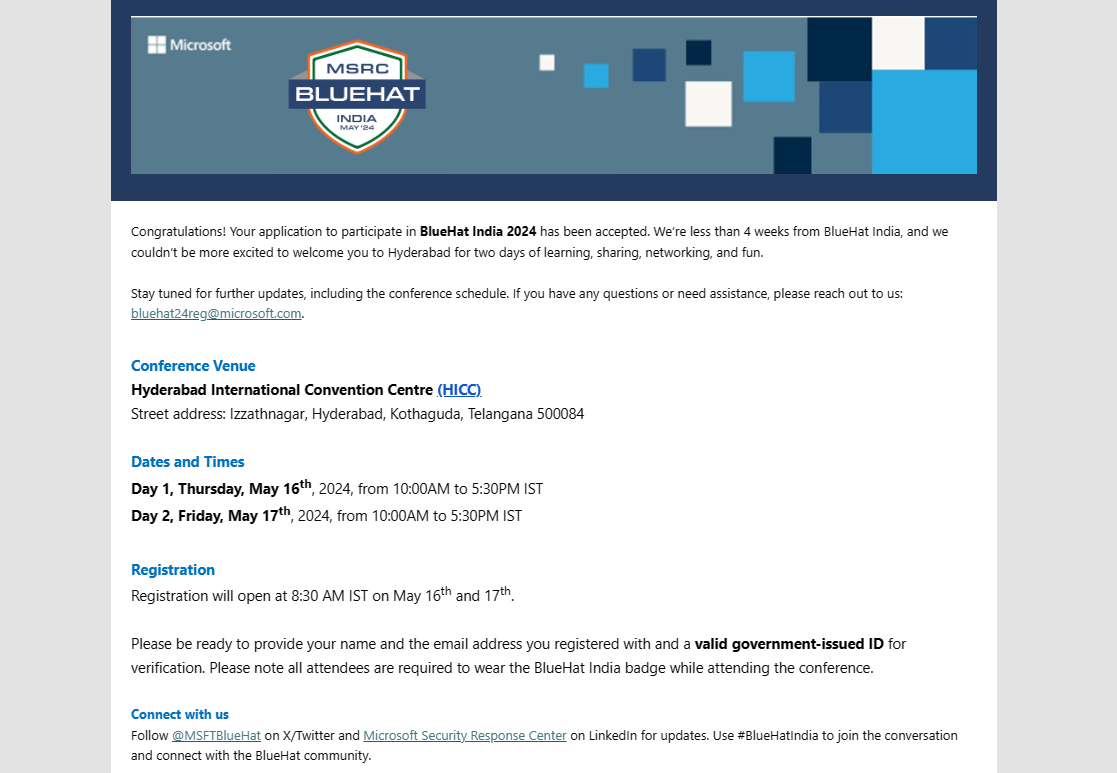 Hack To Prove It (@hacktoproveit) on Twitter photo Thank you <a href="/msftsecresponse/">Microsoft Security Response Center</a> & <a href="/MSFTBlueHat/">Microsoft BlueHat</a> for the opportunity! ππ
If anyone is coming, let's connect. Excited to meet you all!
#BlueHatIndia Thank you <a href="/msftsecresponse/">Microsoft Security Response Center</a> & <a href="/MSFTBlueHat/">Microsoft BlueHat</a> for the opportunity! ππ
If anyone is coming, let's connect. Excited to meet you all!
#BlueHatIndia