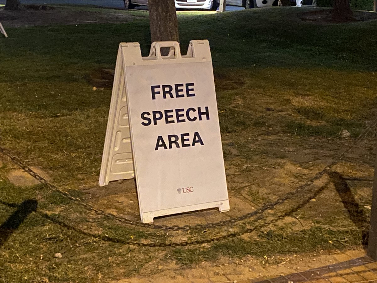 USC's President Carol Folt: 'We’re maintaining our unshakeable commitment to free speech, with a designated Free Speech Area for peaceful protests...'  Sorry, but a small designated 'Free Speech Area' is the polar opposite of an unshakeable commitment to free speech.