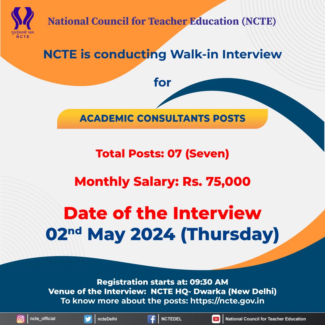 #Attention: Walk-in Interview at #NCTE📢 NCTE is hiring Academic Consultants on short term contract basis. Eligible candidates may attend the scheduled Walk-in at NCTE. 🔶Date: 2nd May 2024 (Thursday) 🔶Time: 09:30 AM (Registration) To know more, visit▶️ncte.gov.in