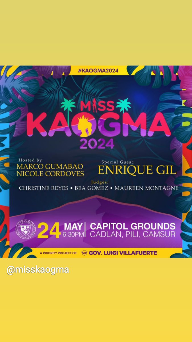 Enrique Gil will be the special guest at the Miss Kaogma 2024 coronation night on May 24, Friday @ 6:30PM
📍 Capitol Grounds, Cadlan, Pili, Camarines Sur

#EnriqueGil
#Kaogma2024

instagram.com/p/C6aDDyoypee/…