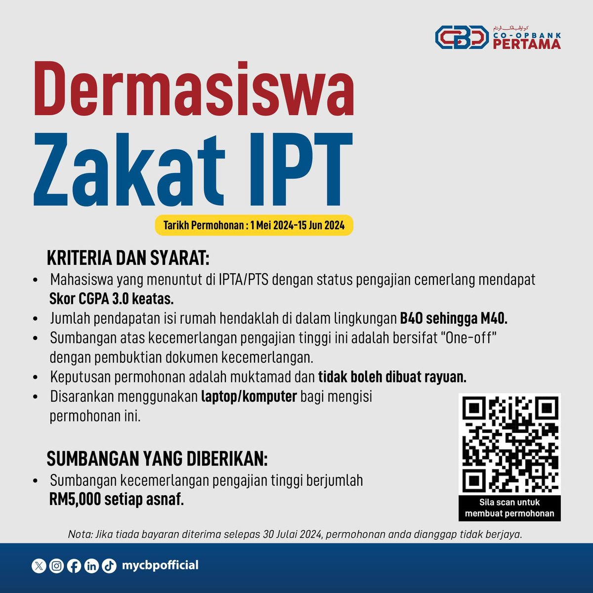adminpendidikan's tweet photo. Permohonan Dermasiswa zakat IPT telah dibuka bermula 1 Mei 2024 sehingga 15 Jun 2024.

Jangan lepaskan peluang keemasan ini❗

Sila klik pautan dibawah untuk membuat permohonan :-

https://t.co/gHM1QlC8bS  

#zakat #dermasiswazakatipt #cbp74 https://t.co/56787WsonK