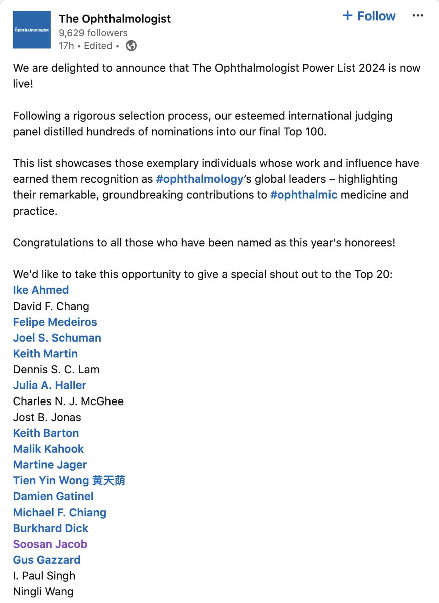 Grateful to be among the Top 20 in the 2024 #top 100 Power List of Ophthalmologists from around the world published by #theOphthalmologist and for being on this list for the third time. powerlist.theophthalmologist.com
#Ophthalmology #Ophthalmologist #womenleadingchange #PowerIndia #