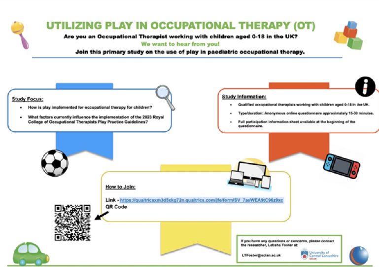 📢 Occupational Therapists!

Do you work with children and adolescents in the UK? 

Be part of this research into how we use play in occupational therapy

👇