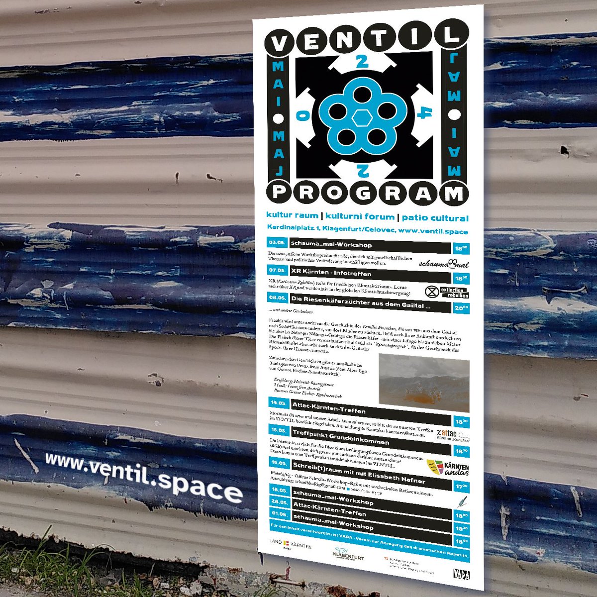 Das #VENTIL-Programm im #Mai!

Alle Termine und weitere Infos findet ihr auf ventil.space/termine

VENTIL kultur raum | kulturni forum | patio cultural, Kardinalplatz 1 / Fleischbankgasse 8, #Klagenfurt / #Celovec

#kultur #zivilgesellschaft #treffpunkt #kärnten #koroška