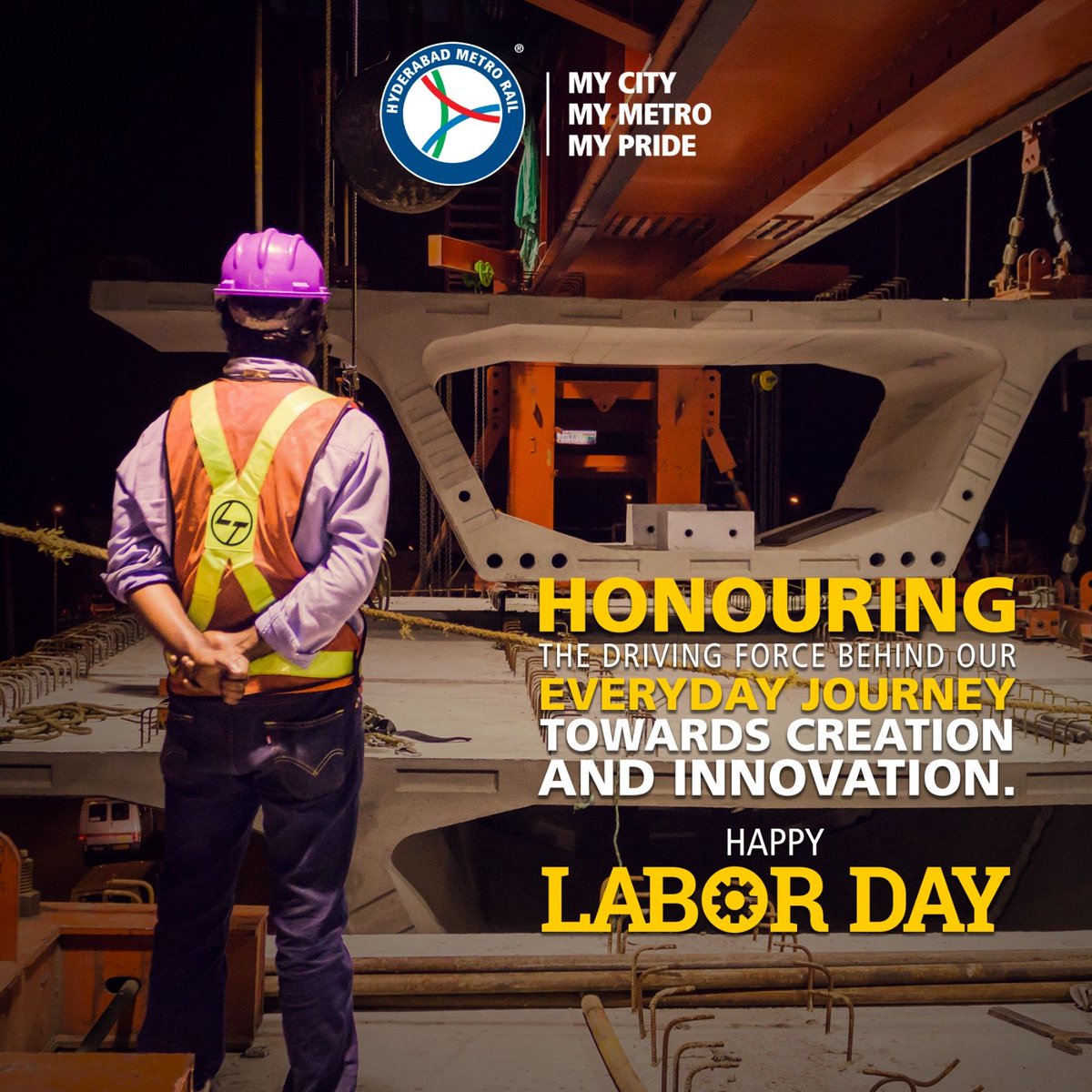 Honoring the driving force behind our everyday journey of creation and innovation. Travel by Metro to honor our Metro warriors! Happy Labourers Day from Hyderabad Metro! #landtmetro #mycitymymetromypride #metroride #HyderabadMetro #MetroRail #metrostation #publictransport