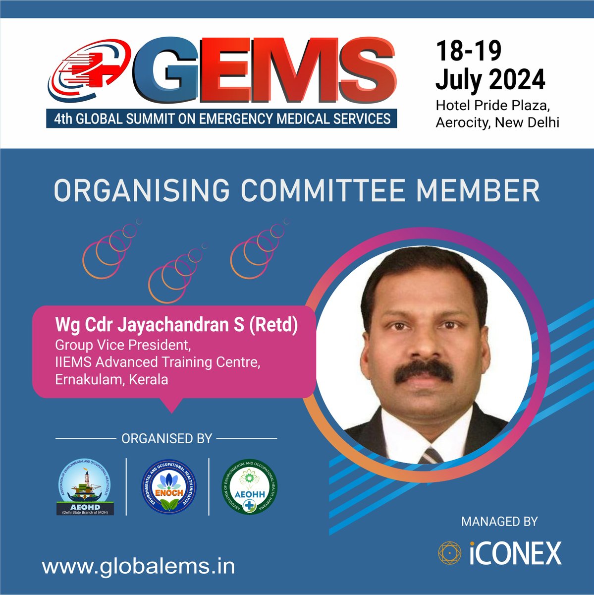 GlobalEMS217675's tweet photo. We are pleased to welcome Wg Cdr Jayachandran S (Retd), Group Vice President, IIEMS Advanced Training Centre, Ernakulam, Kerala as Organising Committee Member

Date:- 18-19 July 2024 
Venue:- Hotel Pride Plaza, Aerocity, New Delhi  

#GlobalEMS #OrganisingCommittee https://t.co/82jw95dyLM