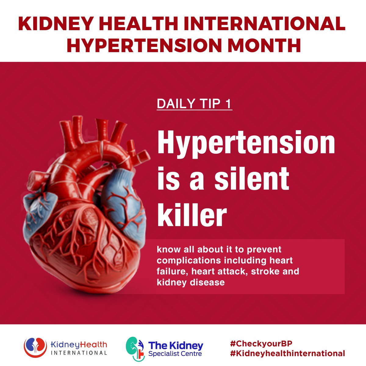 In most cases, hypertension does not show any symptoms and may lead to complications and death. It’s a silent killer! Educate yourself, get tested and keep it controlled at all times to prevent complications. #CheckYourBloodPressure #kidneyhealthinternational #HypertensionMonth