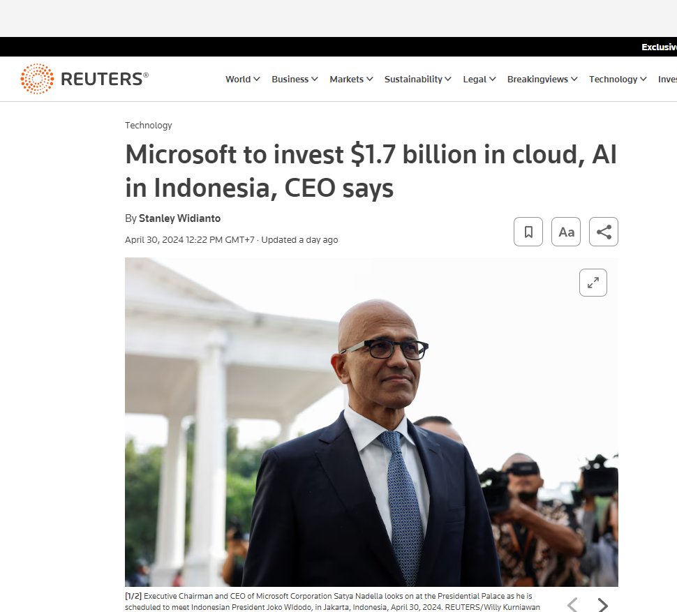 Microsoft ลุย ลงทุนระบบคลาวด์และ AI ในอินโดนีเซีย

รอยเตอร์ รายงาน Microsoft ประกาศลงทุน 1.7 พันล้านดอลลาร์ (6.4 หมื่นล้านบาท)  สร้างศูนย์ข้อมูล ขยายและพัฒนาระบบคลาวด์, AI ในอินโดนีเซีย ระยะเวลา 4 ปีข้างหน้า

สัตยา นาเดลลา  CEO ไมโครซอฟท์  กล่าวว่า 'การลงทุนของ Microsoft