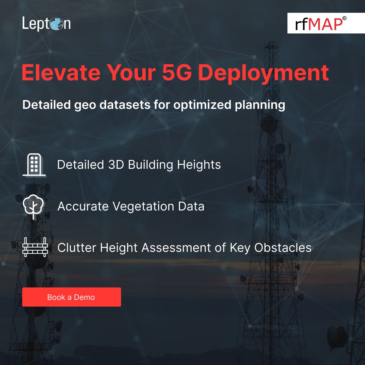 Want to stay ahead of the competition? 

Elevate your planning with detailed geo datasets, including 3D building heights, vegetation & clutter height! 

🔗 Use rfMAP (3D) to navigate the complexities of 5G. bit.ly/3wfRdTP 

#LeptonSoftware #5G #Telecom #3DMaps #rfMAP