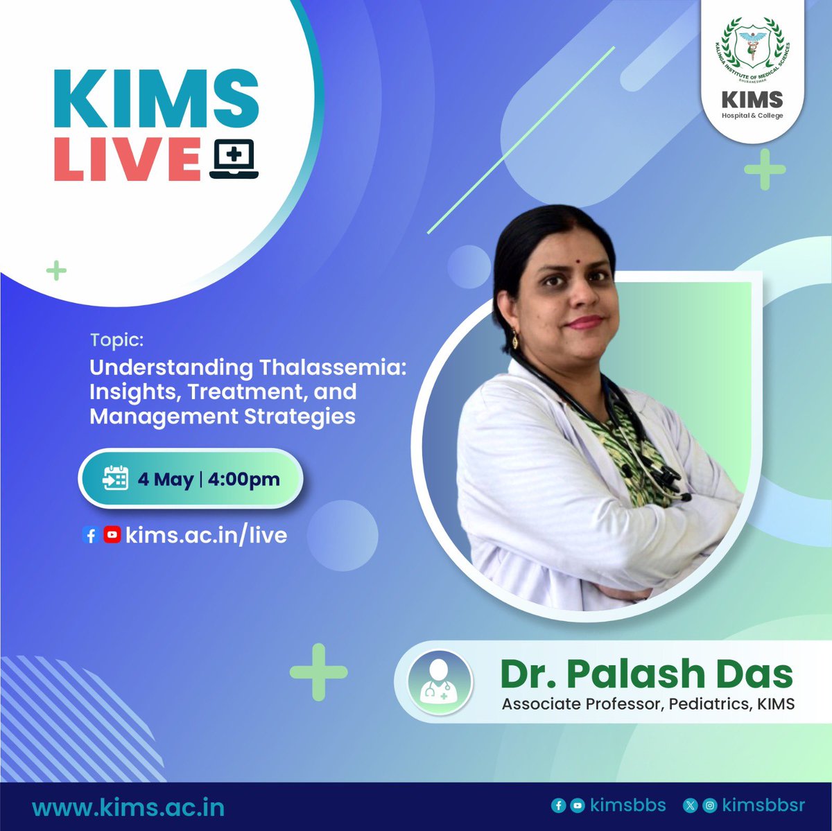 Join us for our next KIMS Live session this Saturday! We're thrilled to welcome our pediatric expert who will be shedding light on a crucial topic: “Understanding Thalassemia: Insights, Treatment, and Management Strategies”. Don’t miss out on this opportunity to gain valuable