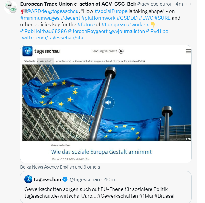 ⚠️Important @ARDde @tagesschau #coverage on #SocialEurope #minimumwages #decent #platformwork #CSDDD #SURE and other key #policies for a #betterfuture of us all and of our #worlofwork💫#dignityofworkforall💫 twitter.com/acv_csc_europe…